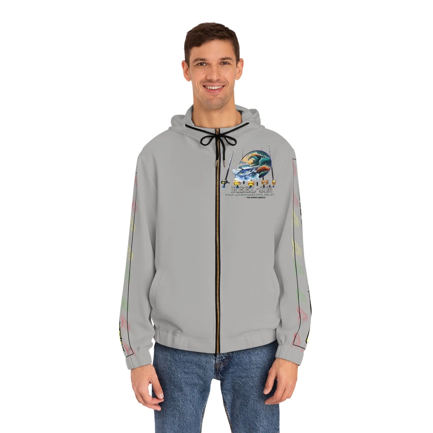 Reel Sim Men's Full-Zip Hoodie: Customized All-Over Print for Personalized, Trendy, and Stylish Outdoor Fashion - Simply Saint Designz