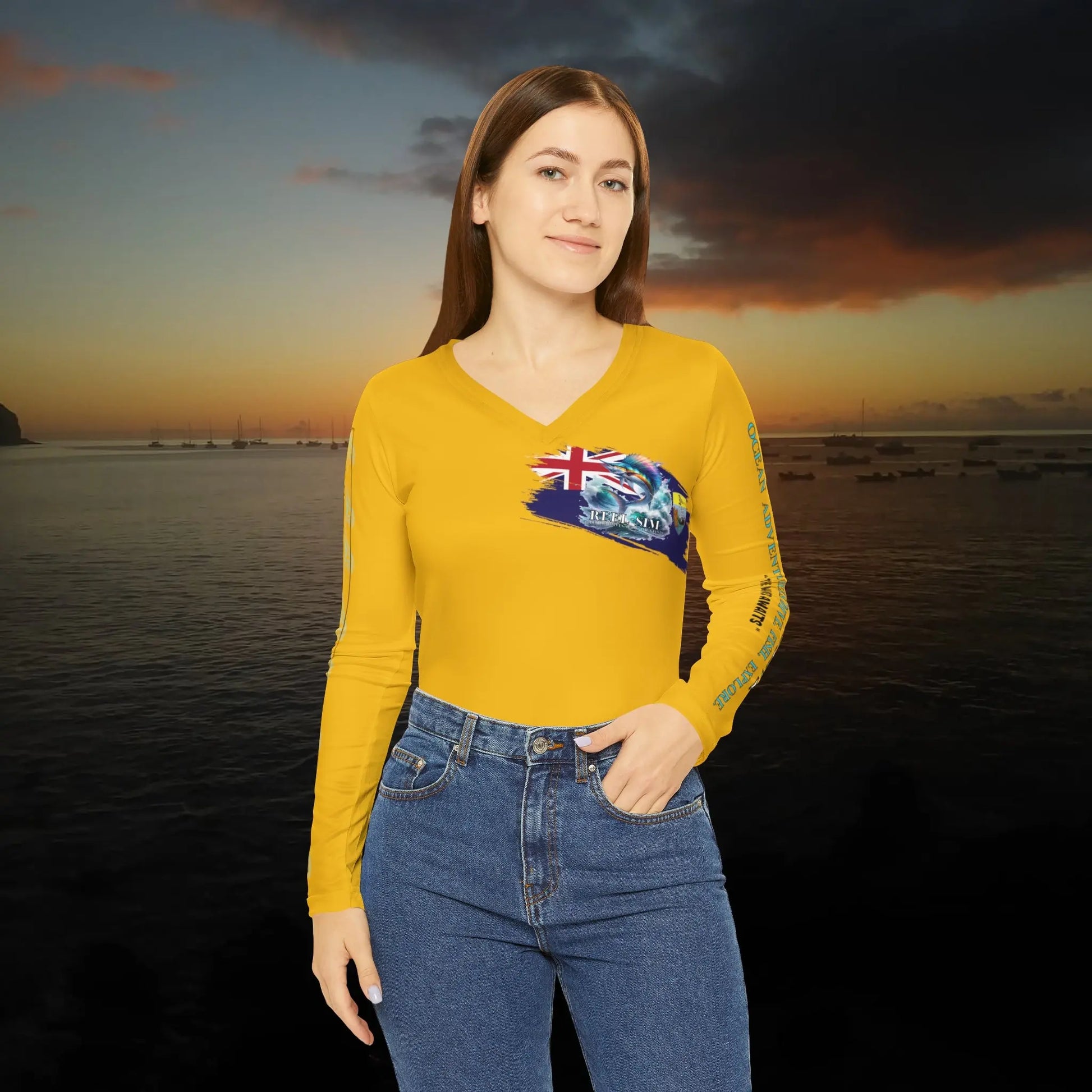 Fishing Chic: Women's V-Neck Long Sleeve Shirt Yellow - Simply Saint Designz