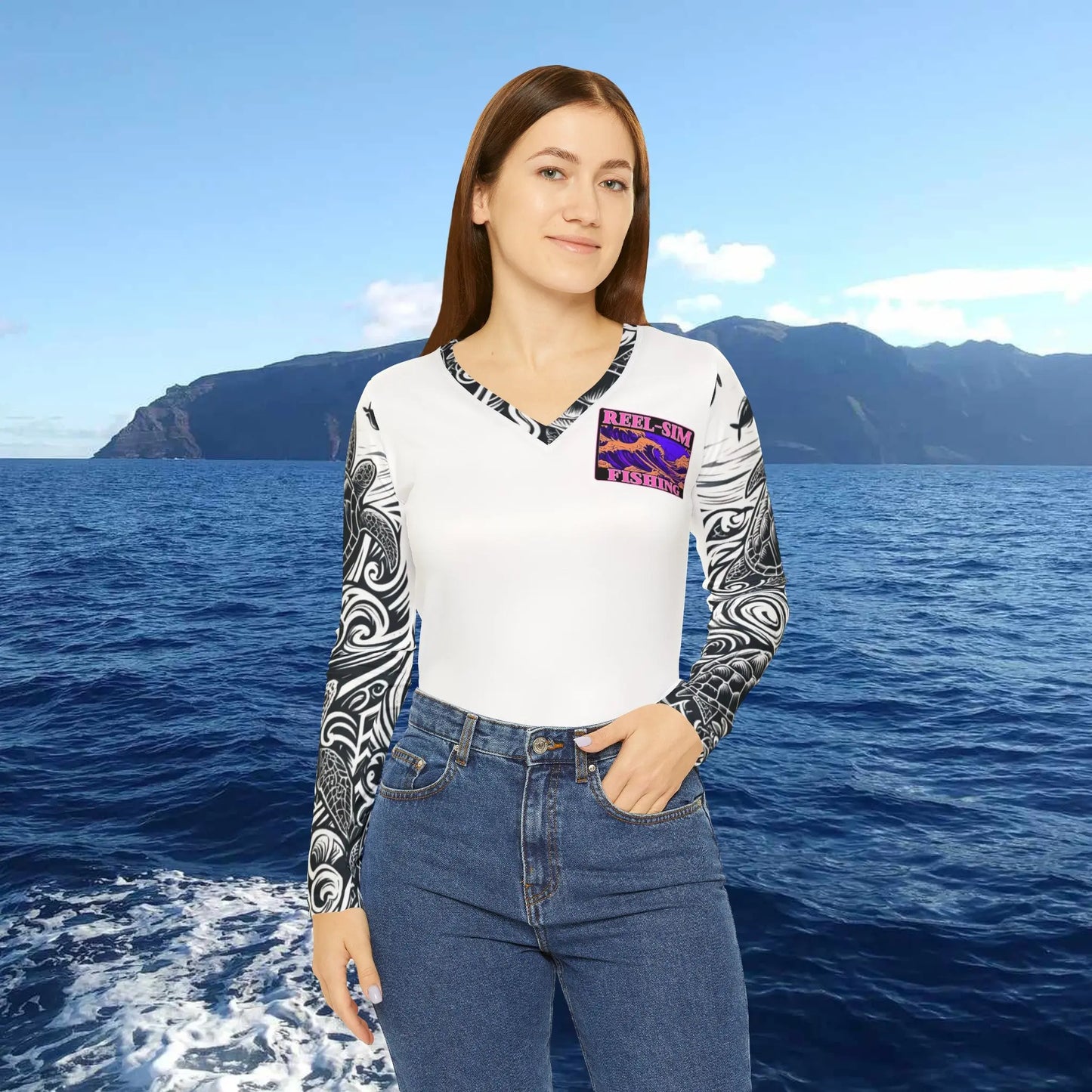 Reel Sim Tribal Turtle Women's Long Sleeve V-neck Shirt (AOP) - Simply Saint Designz