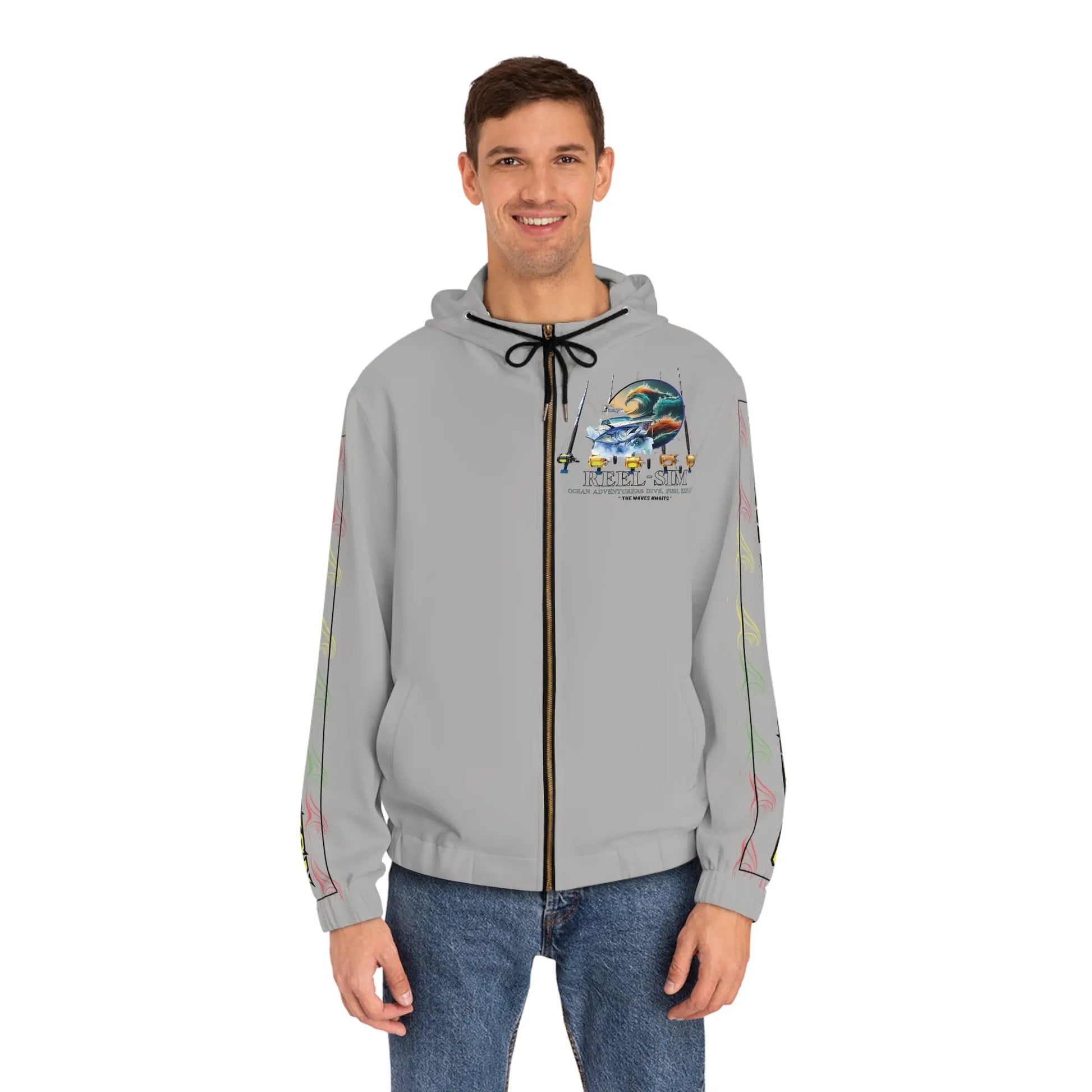 Reel Sim Men's Full-Zip Hoodie: Customized All-Over Print for Personalized, Trendy, and Stylish Outdoor Fashion - Simply Saint Designz