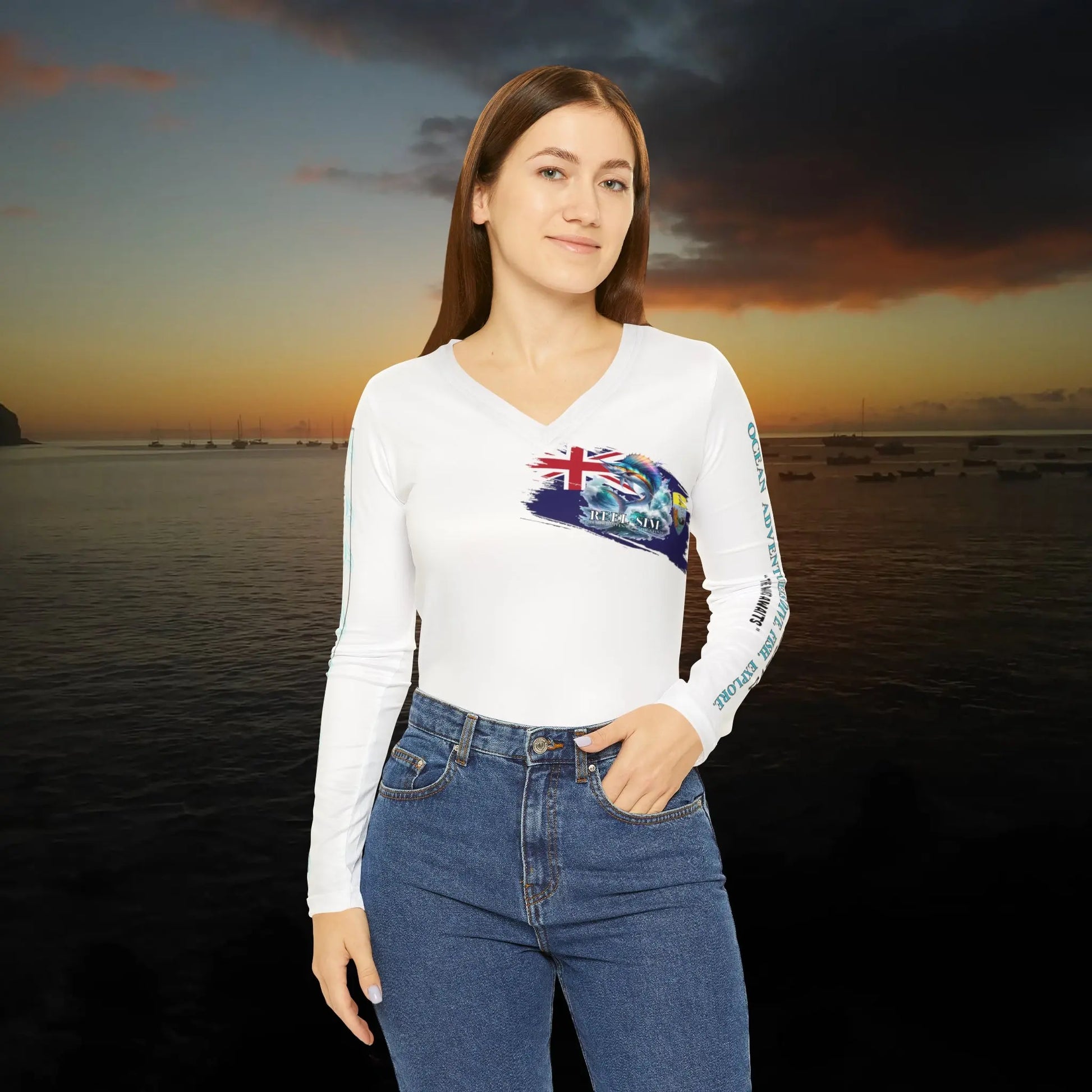 Fishing Chic: Women's V-Neck Long Sleeve Shirt (White) - Simply Saint Designz