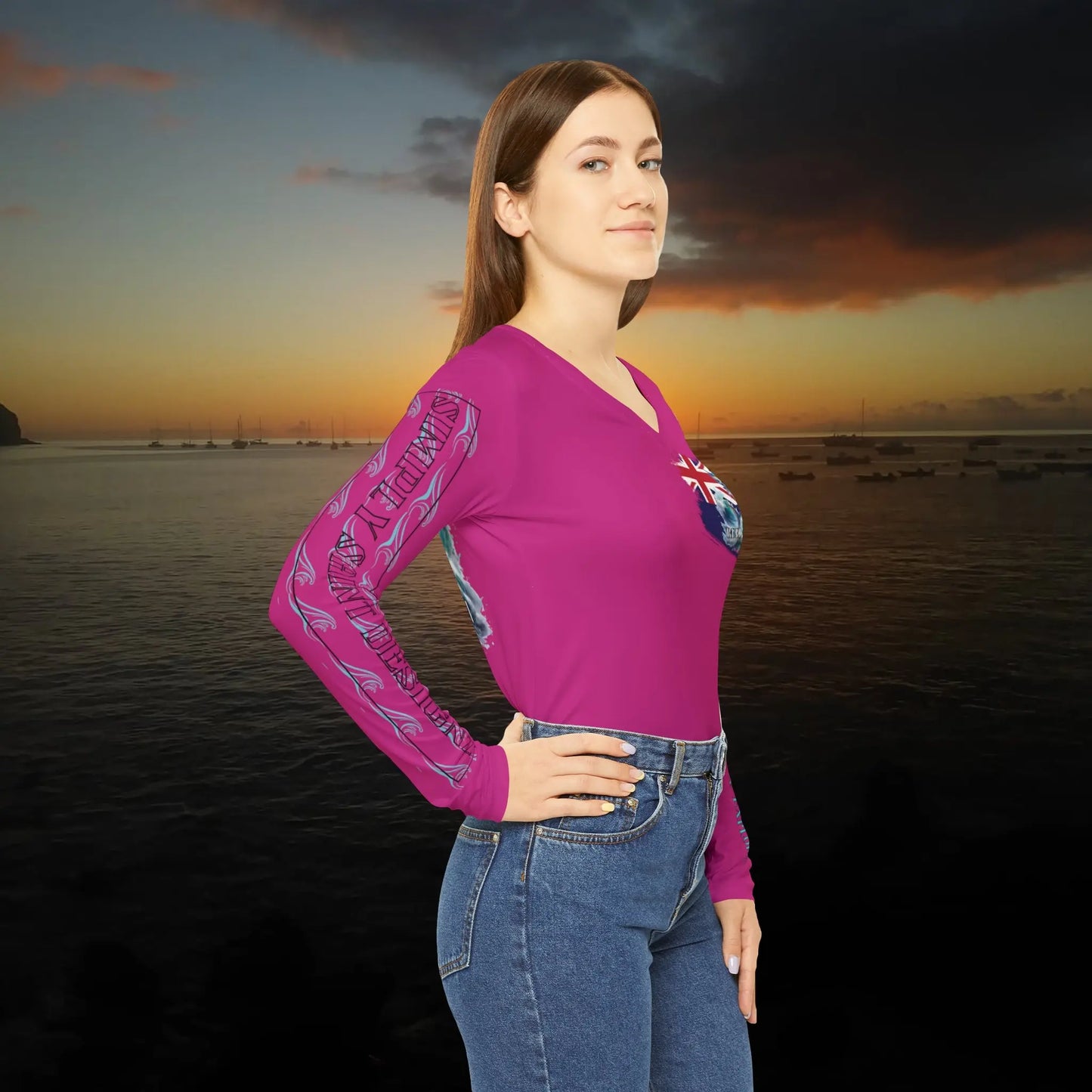 Fishing Chic: Women's V-Neck Long Sleeve Shirt Pink - Simply Saint Designz