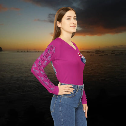 Fishing Chic: Women's V-Neck Long Sleeve Shirt Pink - Simply Saint Designz