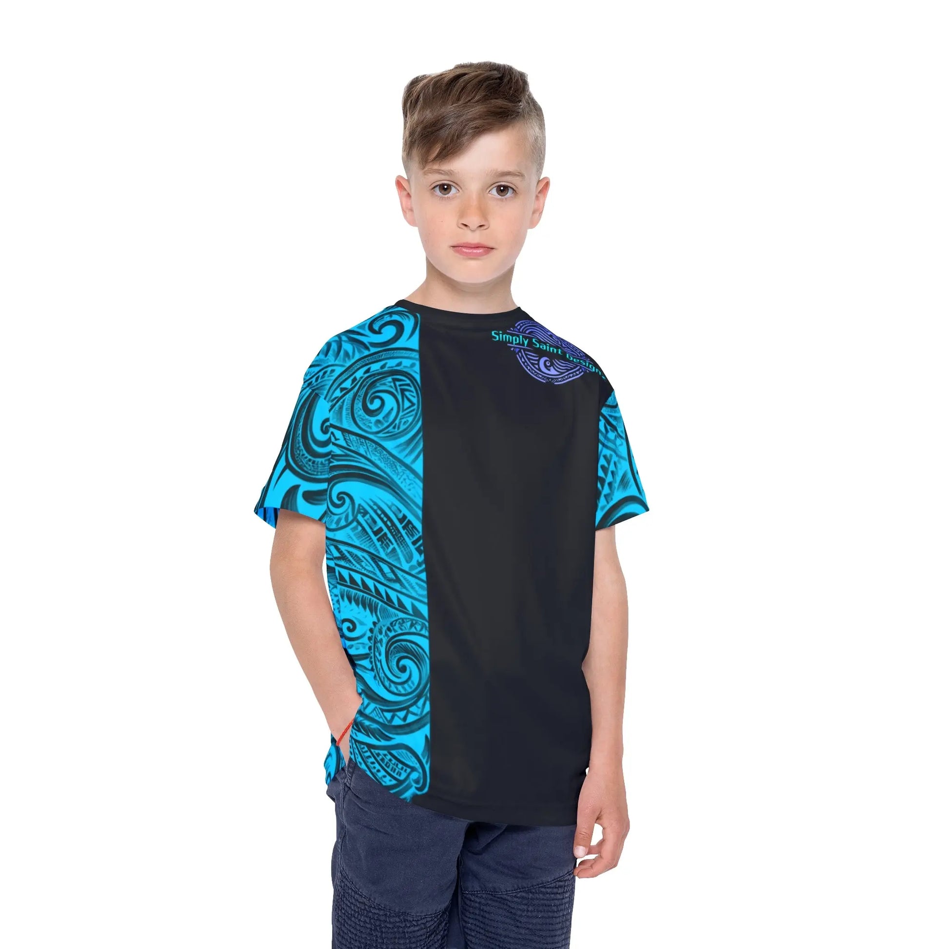 Youth Blue Polynesian Style T-Shirt by Simply Saint Designz - Tribal Elegance Collection" - Simply Saint Designz