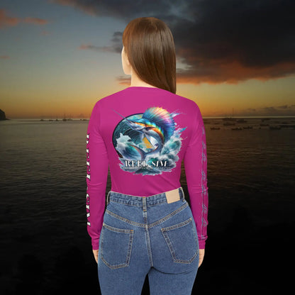 Fishing Chic: Women's V-Neck Long Sleeve Shirt Pink - Simply Saint Designz