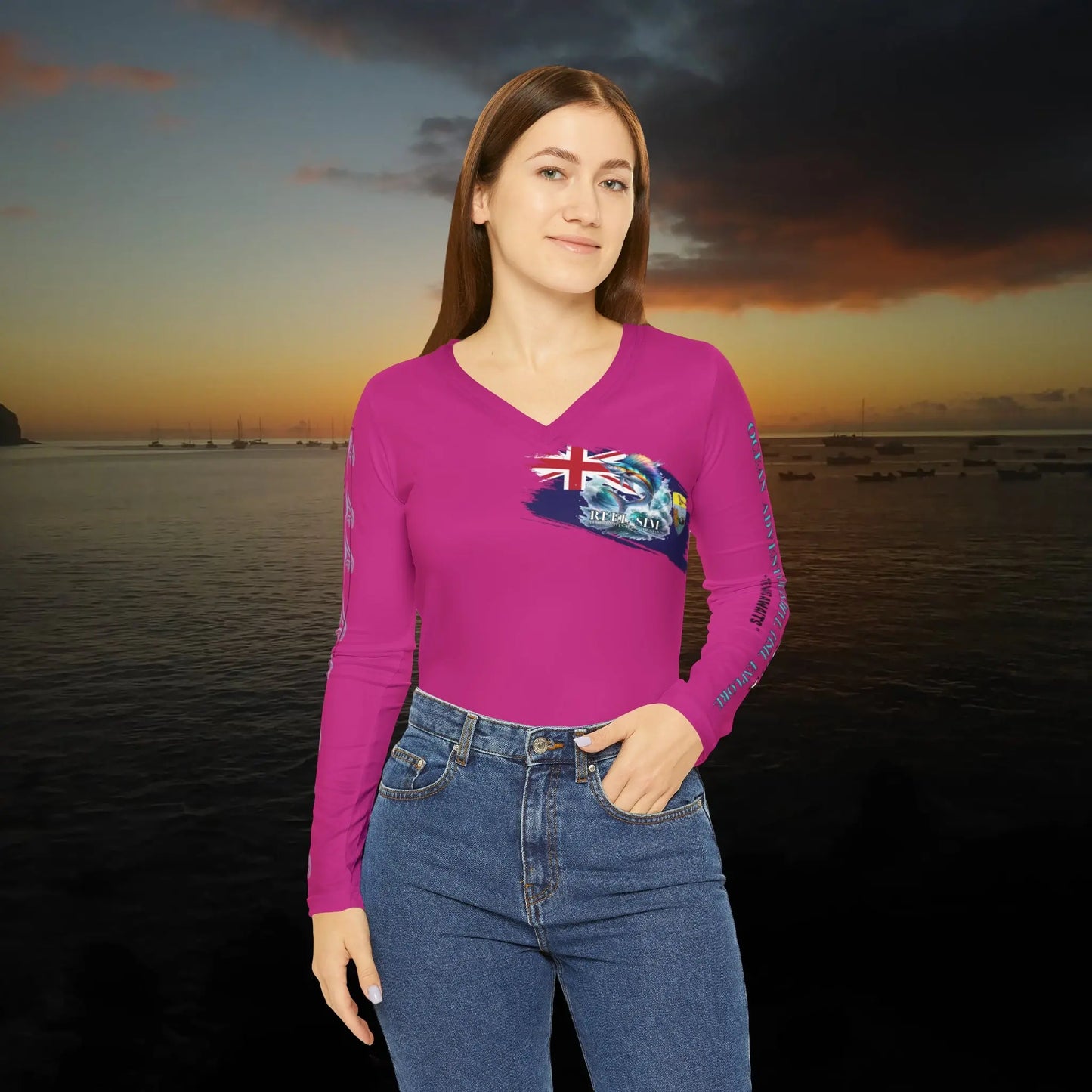 Fishing Chic: Women's V-Neck Long Sleeve Shirt Pink - Simply Saint Designz
