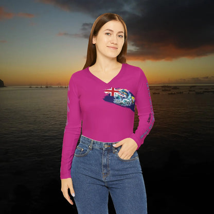 Fishing Chic: Women's V-Neck Long Sleeve Shirt Pink - Simply Saint Designz
